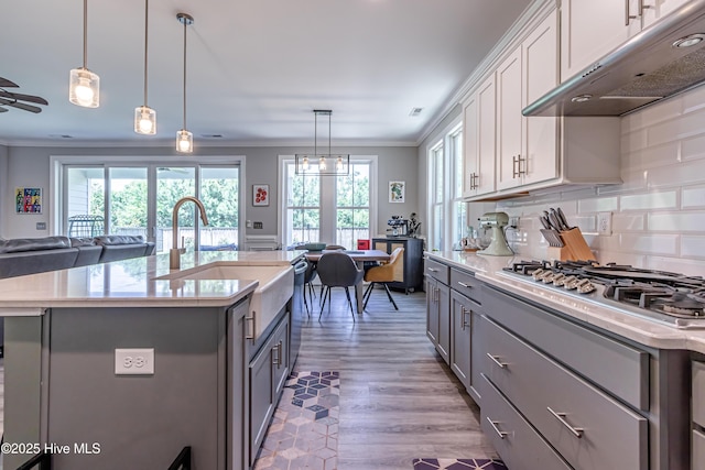 90 N Lamplighters Walk, Hampstead, NC 28443 - kitchen with under cabinet range hood, gray cabinets, appliances with stainless steel finishes, crown molding, and open floor plan