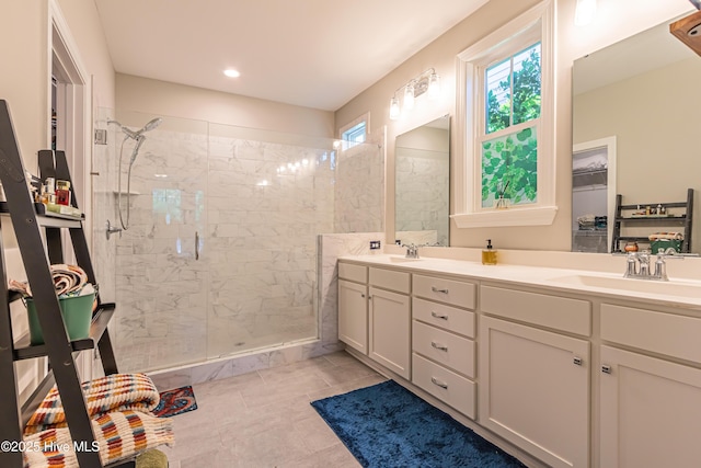 90 N Lamplighters Walk, Hampstead, NC 28443 - full bathroom featuring a stall shower, double vanity, and recessed lighting