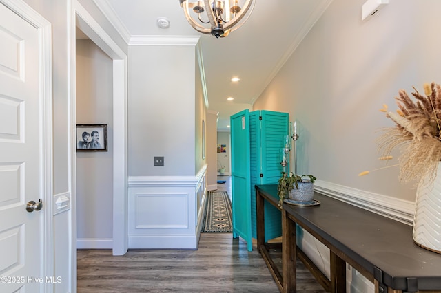90 N Lamplighters Walk, Hampstead, NC 28443 - corridor with crown molding, a chandelier, wood finished floors, and a wainscoted wall
