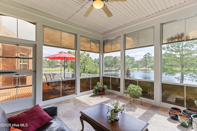 6575 Longwater Ct SW, Ocean Isle Beach, NC 28469 - sunroom featuring ceiling fan and a water view