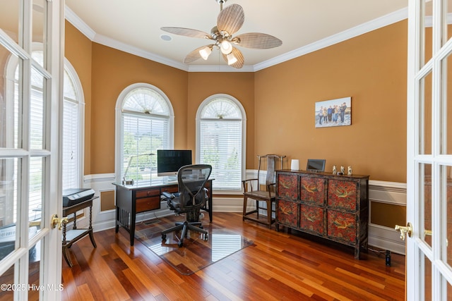6575 Longwater Ct SW, Ocean Isle Beach, NC 28469 - home office with a wainscoted wall, ornamental molding, a ceiling fan, wood-type flooring, and french doors