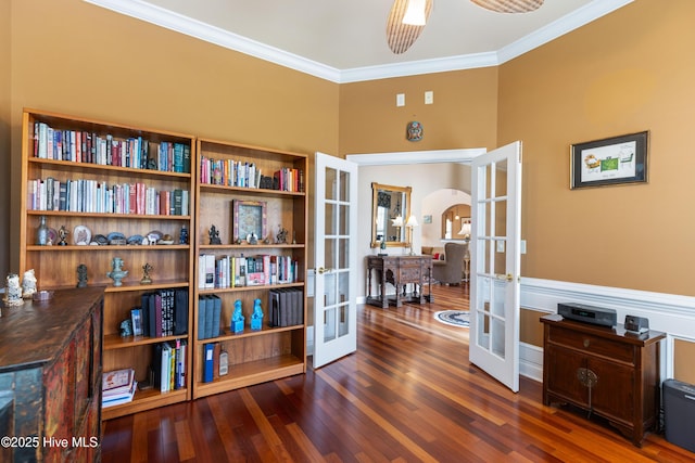 6575 Longwater Ct SW, Ocean Isle Beach, NC 28469 - office area featuring french doors, crown molding, dark wood finished floors, arched walkways, and ceiling fan