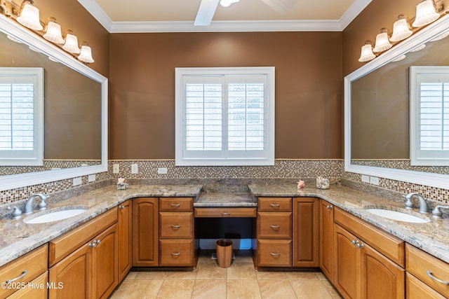 6575 Longwater Ct SW, Ocean Isle Beach, NC 28469 - full bath with vanity, decorative backsplash, crown molding, a ceiling fan, and tile patterned flooring
