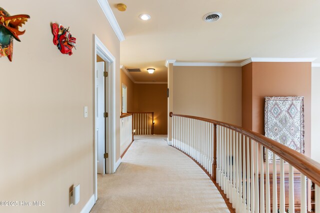 6575 Longwater Ct SW, Ocean Isle Beach, NC 28469 - hallway featuring crown molding, an upstairs landing, light carpet, recessed lighting, and baseboards