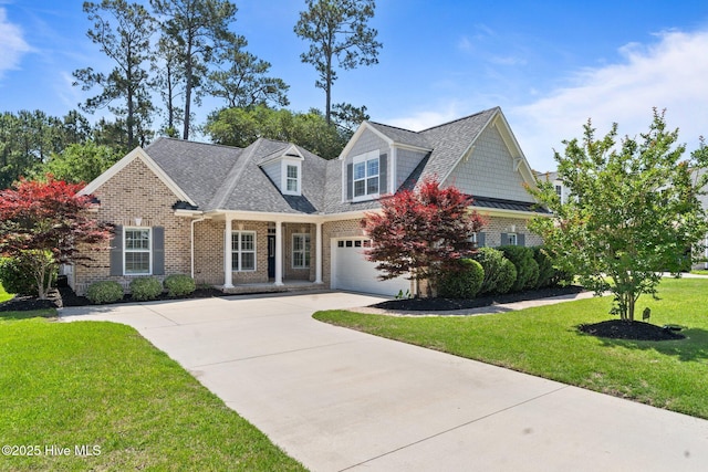 view of front of house with brick siding, driveway, a front yard, and an attached garage