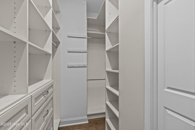 walk in closet with dark wood-style floors