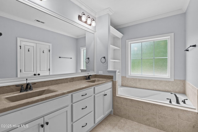 bathroom featuring tile patterned floors, a garden tub, double vanity, and ornamental molding