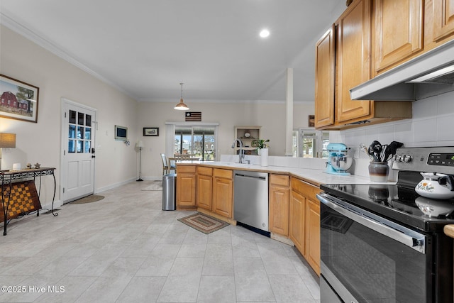 101 Mallard Dr, Currituck, NC 27929 - kitchen featuring stainless steel appliances, under cabinet range hood, a sink, a peninsula, and ornamental molding