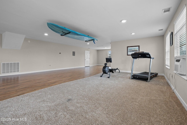 101 Mallard Dr, Currituck, NC 27929 - exercise room with carpet flooring, baseboards, recessed lighting, cooling unit, and wood finished floors