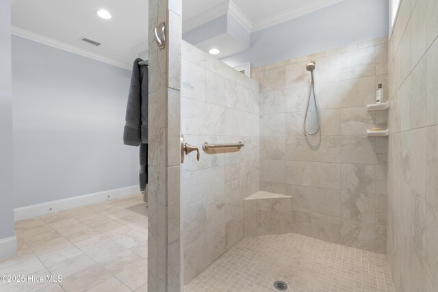 3032 Beachcomber Dr, Southport, NC 28461 - full bath featuring ornamental molding, tiled shower, baseboards, and recessed lighting