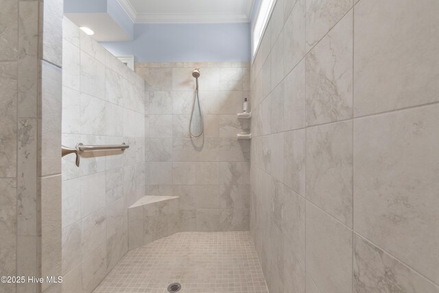 3032 Beachcomber Dr, Southport, NC 28461 - bathroom with crown molding and a tile shower