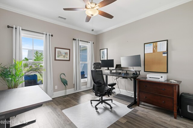 3032 Beachcomber Dr, Southport, NC 28461 - office area with crown molding, wood finished floors, a ceiling fan, and baseboards
