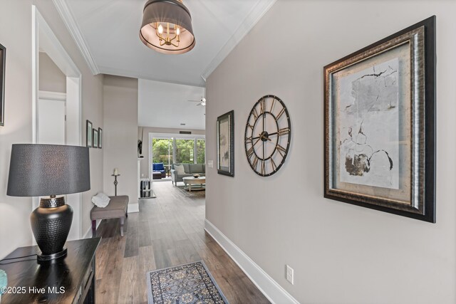 3032 Beachcomber Dr, Southport, NC 28461 - hallway featuring crown molding, dark wood finished floors, and baseboards
