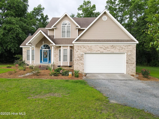traditional-style house featuring gravel driveway, brick siding, and a front lawn