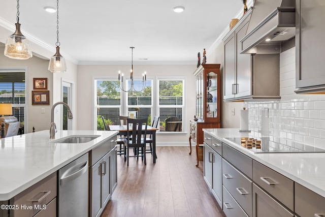113 Eagle Claw Dr, Calabash, NC 28467 - kitchen with a sink, gray cabinetry, custom exhaust hood, crown molding, and recessed lighting