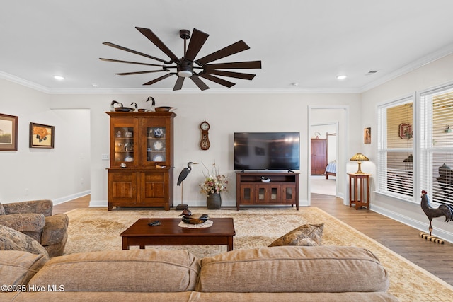 113 Eagle Claw Dr, Calabash, NC 28467 - living area with ceiling fan, light wood-style flooring, ornamental molding, recessed lighting, and baseboards