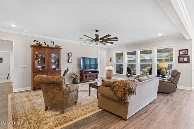 113 Eagle Claw Dr, Calabash, NC 28467 - living area with baseboards, wood finished floors, a ceiling fan, ornamental molding, and recessed lighting