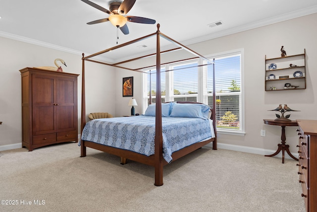 113 Eagle Claw Dr, Calabash, NC 28467 - bedroom with light colored carpet, crown molding, baseboards, and ceiling fan