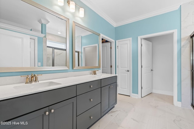 113 Eagle Claw Dr, Calabash, NC 28467 - bathroom featuring a stall shower, ornamental molding, double vanity, marble look tile flooring, and baseboards