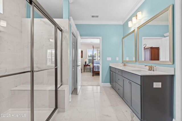113 Eagle Claw Dr, Calabash, NC 28467 - ensuite bathroom featuring a shower stall, crown molding, double vanity, marble look tiles, and baseboards