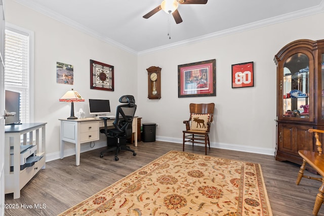 113 Eagle Claw Dr, Calabash, NC 28467 - office with a ceiling fan, wood finished floors, crown molding, and baseboards