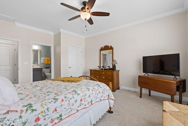 113 Eagle Claw Dr, Calabash, NC 28467 - bedroom featuring crown molding, carpet floors, baseboards, ensuite bath, and ceiling fan