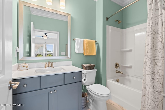 113 Eagle Claw Dr, Calabash, NC 28467 - bathroom with crown molding, toilet, shower / bath combo with shower curtain, vanity, and ceiling fan