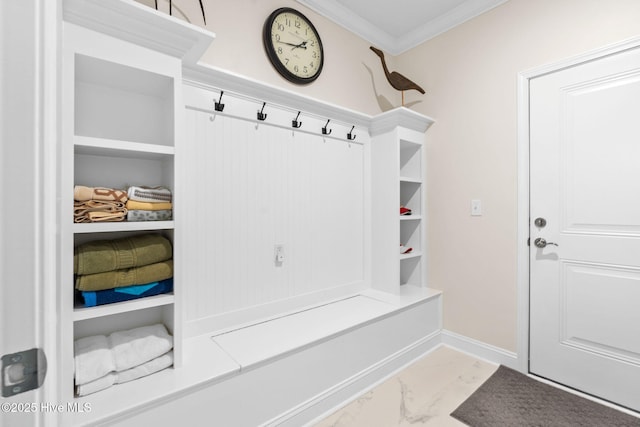 113 Eagle Claw Dr, Calabash, NC 28467 - mudroom with ornamental molding, light marble finish flooring, and baseboards