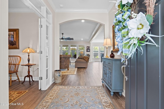 113 Eagle Claw Dr, Calabash, NC 28467 - foyer featuring arched walkways, crown molding, wood finished floors, ceiling fan, and baseboards