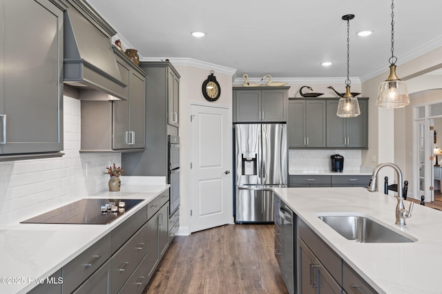 113 Eagle Claw Dr, Calabash, NC 28467 - kitchen with appliances with stainless steel finishes, a sink, custom exhaust hood, decorative light fixtures, and decorative backsplash
