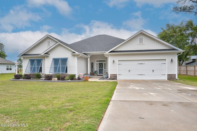 view of front facade featuring an attached garage, concrete driveway, stone siding, and board and batten siding