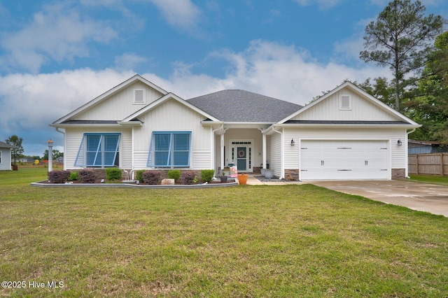 view of front of house featuring driveway, a garage, stone siding, and board and batten siding