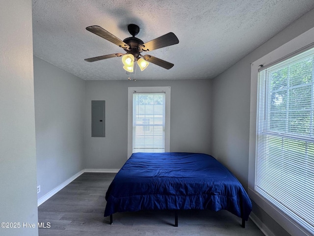 bedroom with electric panel, multiple windows, a textured ceiling, baseboards, and wood finished floors