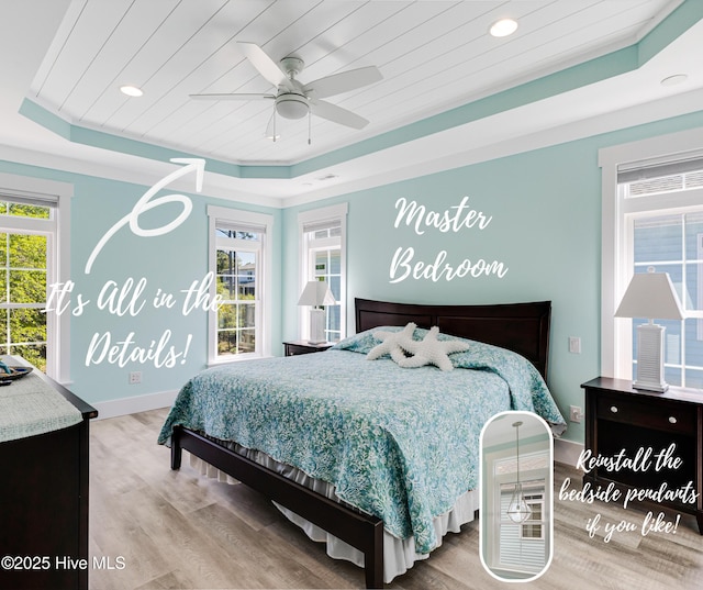 201 W Yacht Dr, Oak Island, NC 28465 - bedroom featuring a tray ceiling, wood finished floors, multiple windows, wood ceiling, and recessed lighting