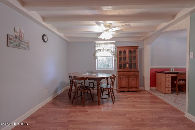 178 Stanley St, West End, NC 27376 - dining area with beam ceiling, ceiling fan, and light wood-style floors