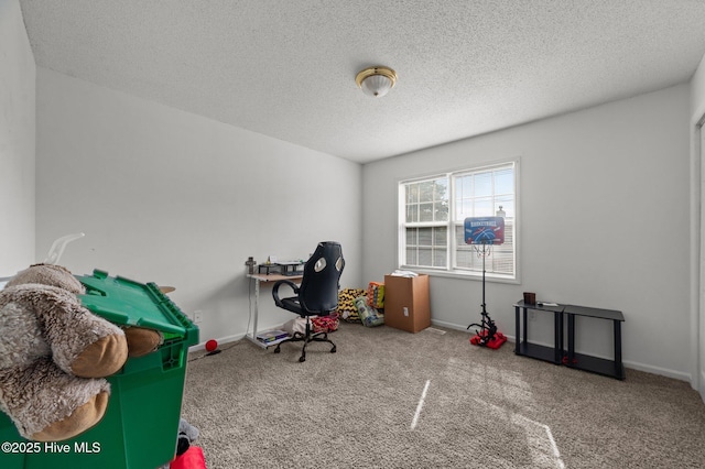 carpeted office with a textured ceiling and baseboards