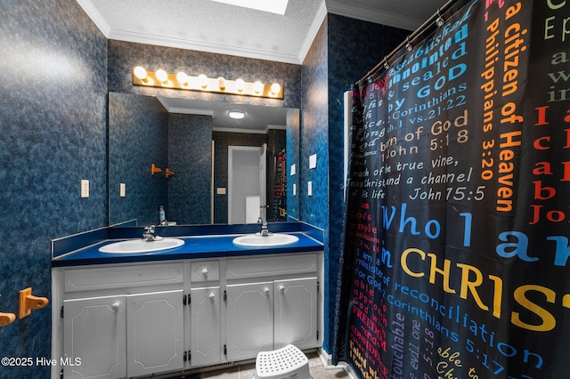 bathroom with crown molding, double vanity, wallpapered walls, a textured ceiling, and curtained shower