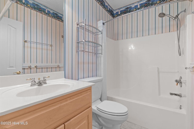 full bathroom featuring wallpapered walls, toilet, tile patterned flooring, vanity, and washtub / shower combination