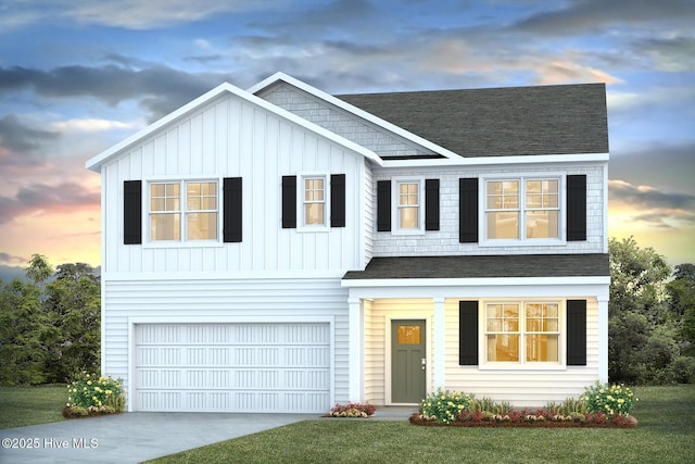 2304 Emerald Ave Lot 272, Castle Hayne, NC 28429 - view of front of property featuring an attached garage, a shingled roof, board and batten siding, driveway, and a yard