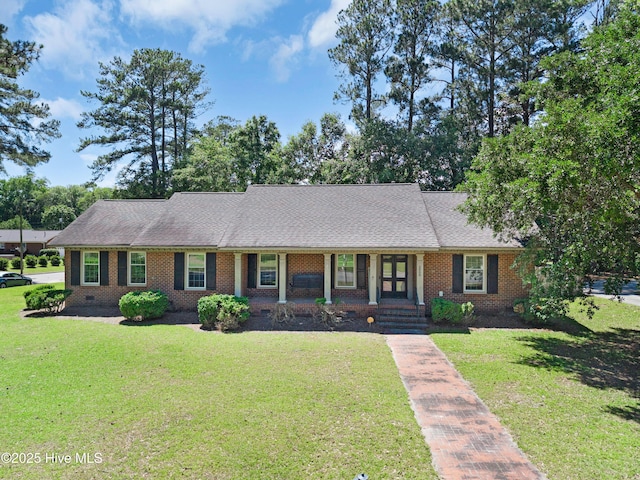 2008 S Elm St, Greenville, NC 27858 - ranch-style home with brick siding, a front yard, crawl space, and a shingled roof