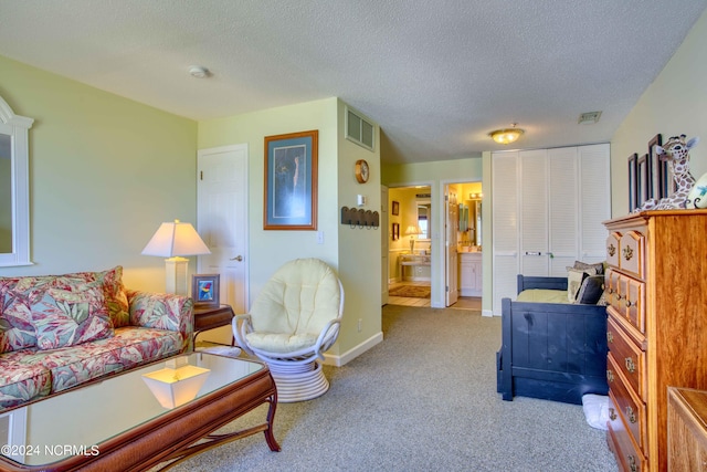 carpeted living room with a textured ceiling and baseboards
