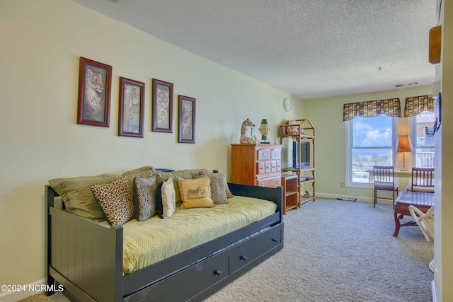 carpeted living room with a textured ceiling and baseboards