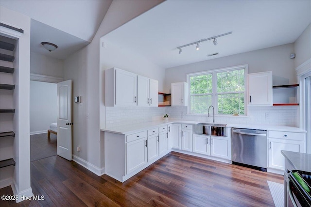222 Station House Rd, New Bern, NC 28562 - kitchen featuring open shelves, stainless steel dishwasher, range, dark wood-type flooring, and a sink