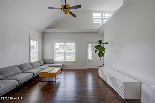 222 Station House Rd, New Bern, NC 28562 - living area with healthy amount of natural light, wood-type flooring, a ceiling fan, high vaulted ceiling, and baseboards