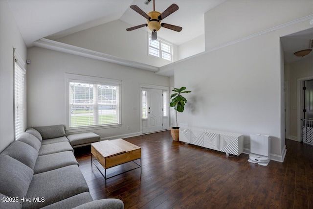 222 Station House Rd, New Bern, NC 28562 - living area featuring a ceiling fan, wood finished floors, baseboards, and high vaulted ceiling