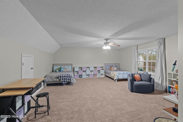 carpeted bedroom featuring a textured ceiling, ceiling fan, and lofted ceiling
