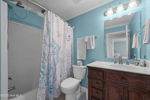 859 Old Pamlico Beach Rd W, Belhaven, NC 27810 - bathroom featuring crown molding, toilet, vanity, shower / bath combo, and tile patterned flooring