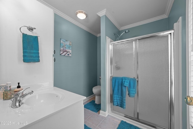859 Old Pamlico Beach Rd W, Belhaven, NC 27810 - full bathroom with a stall shower, crown molding, tile patterned floors, toilet, and vanity