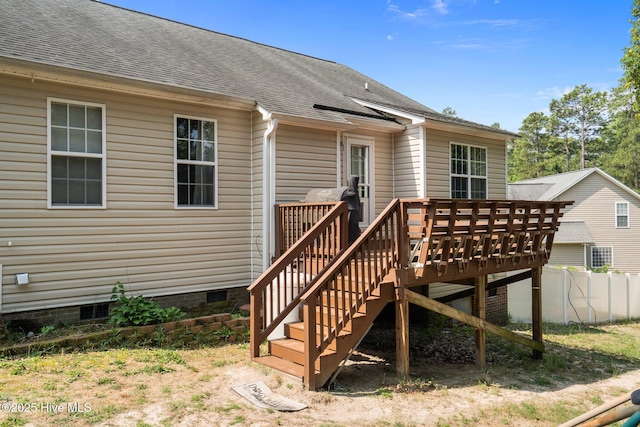 144 Newington Way, Aberdeen, NC 28315 - rear view of property with crawl space, a deck, roof with shingles, and stairs