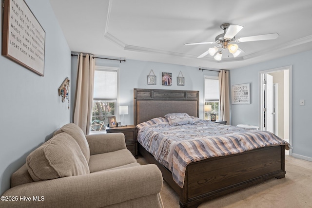 144 Newington Way, Aberdeen, NC 28315 - bedroom with light colored carpet, a ceiling fan, baseboards, and a tray ceiling
